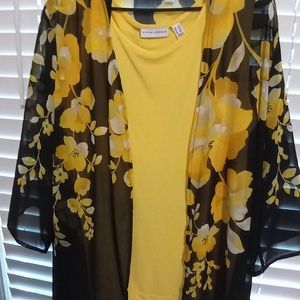 Susan Graver at QVC 1X black & yellow floral summer top and tank set